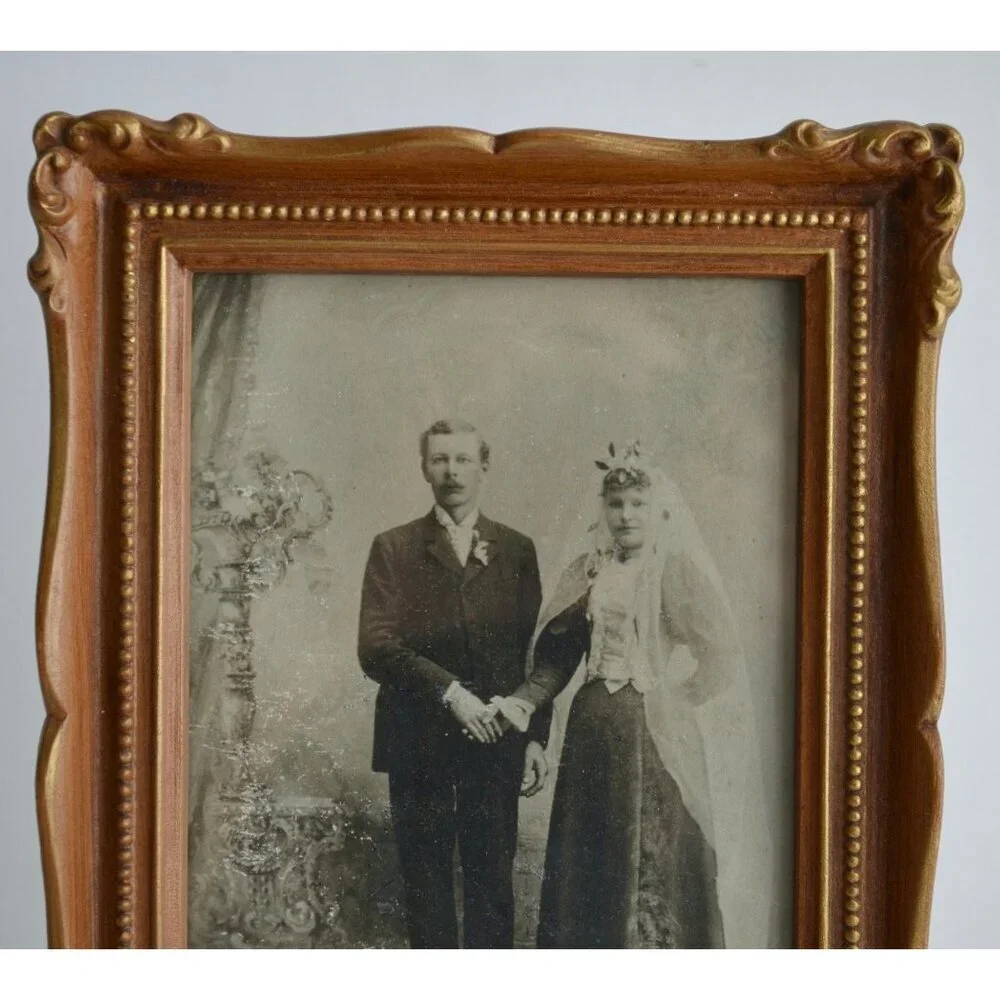 Vintage Bride & Groom Wedding Photo in 1970s Ornate Frame